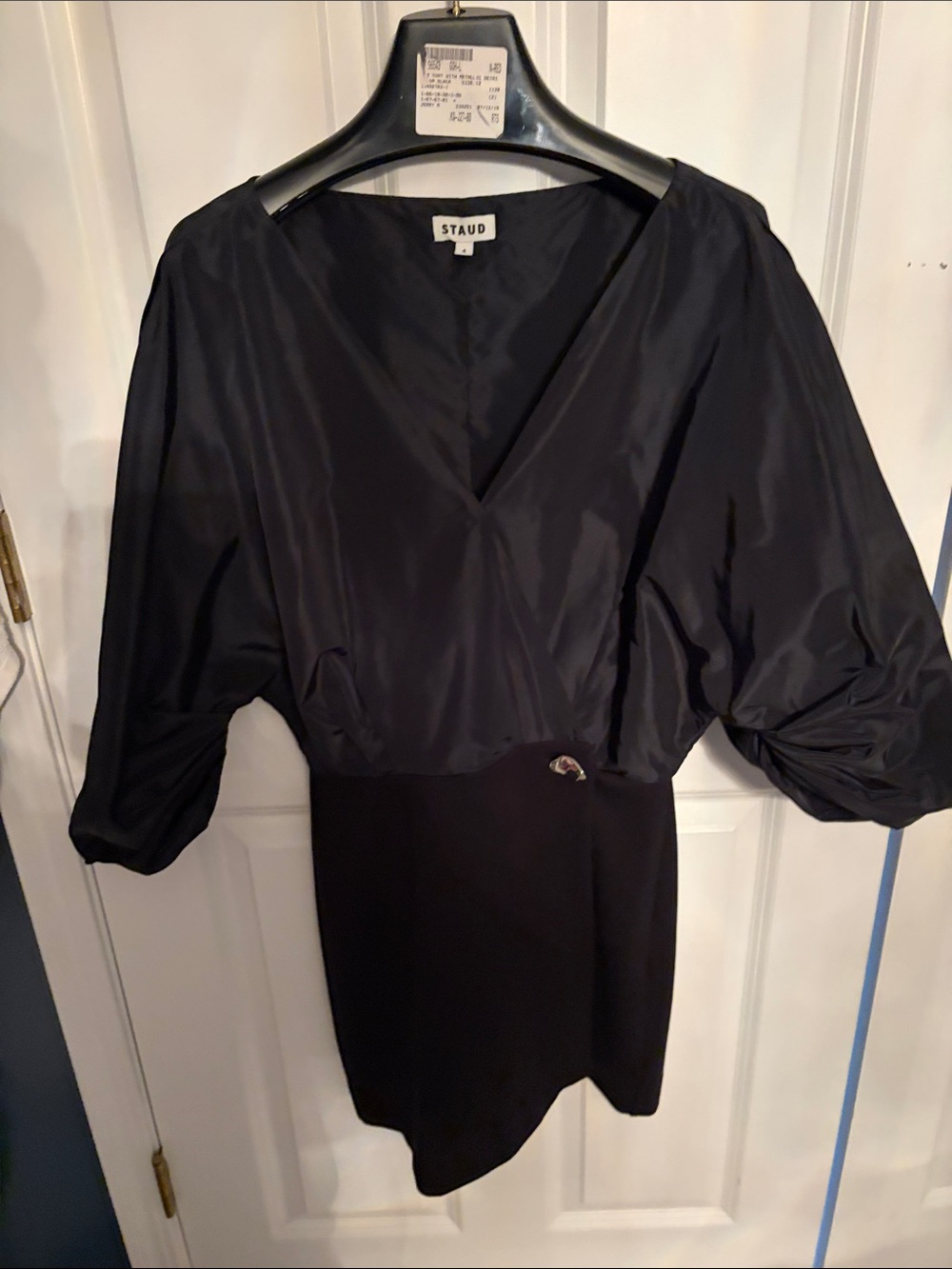 STAUD “Orion” Black V-Neck Puff Sleeve Mini Dress